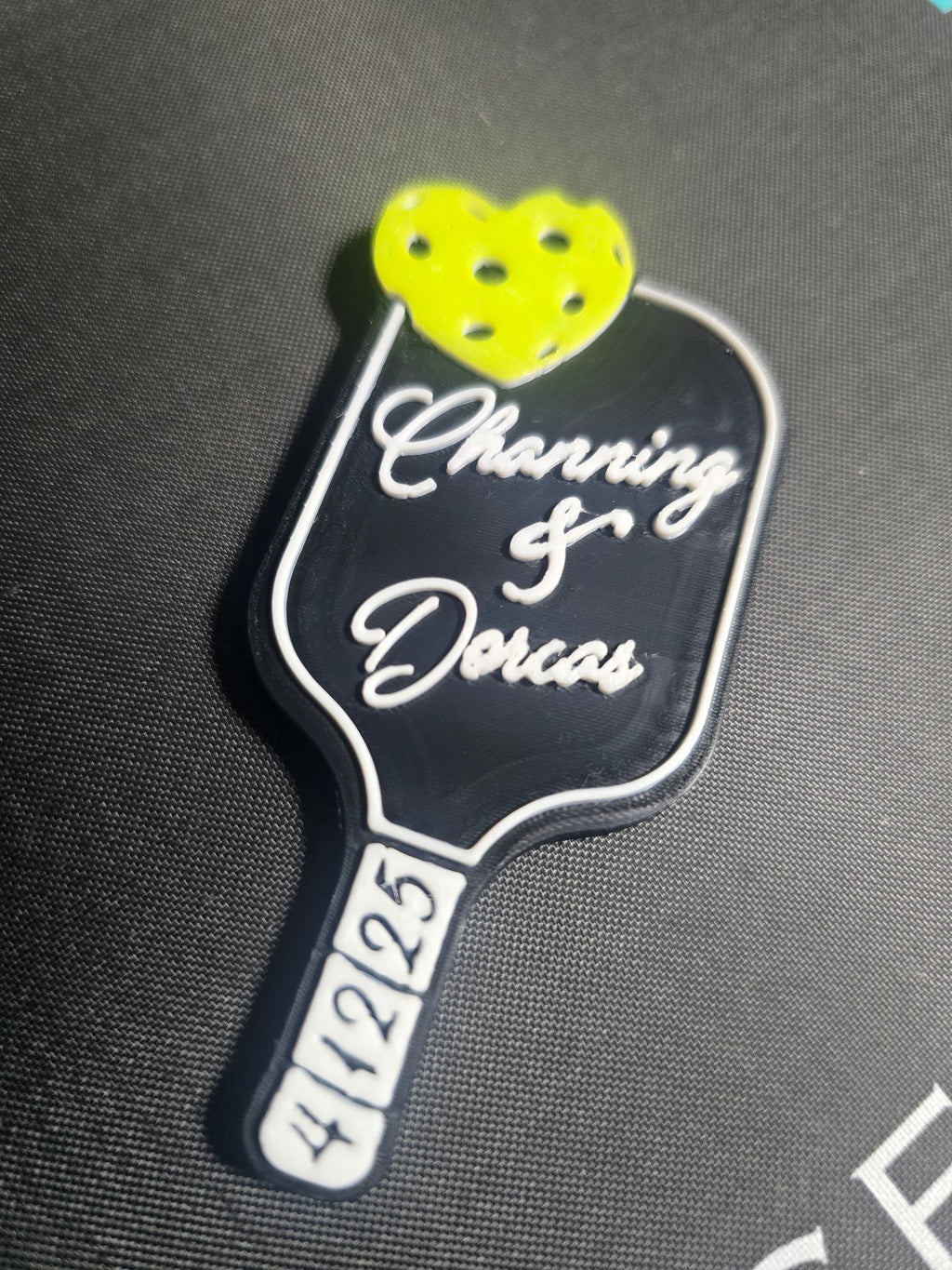 Personalized pickleball paddle wedding favor magnet, front view with custom names and date