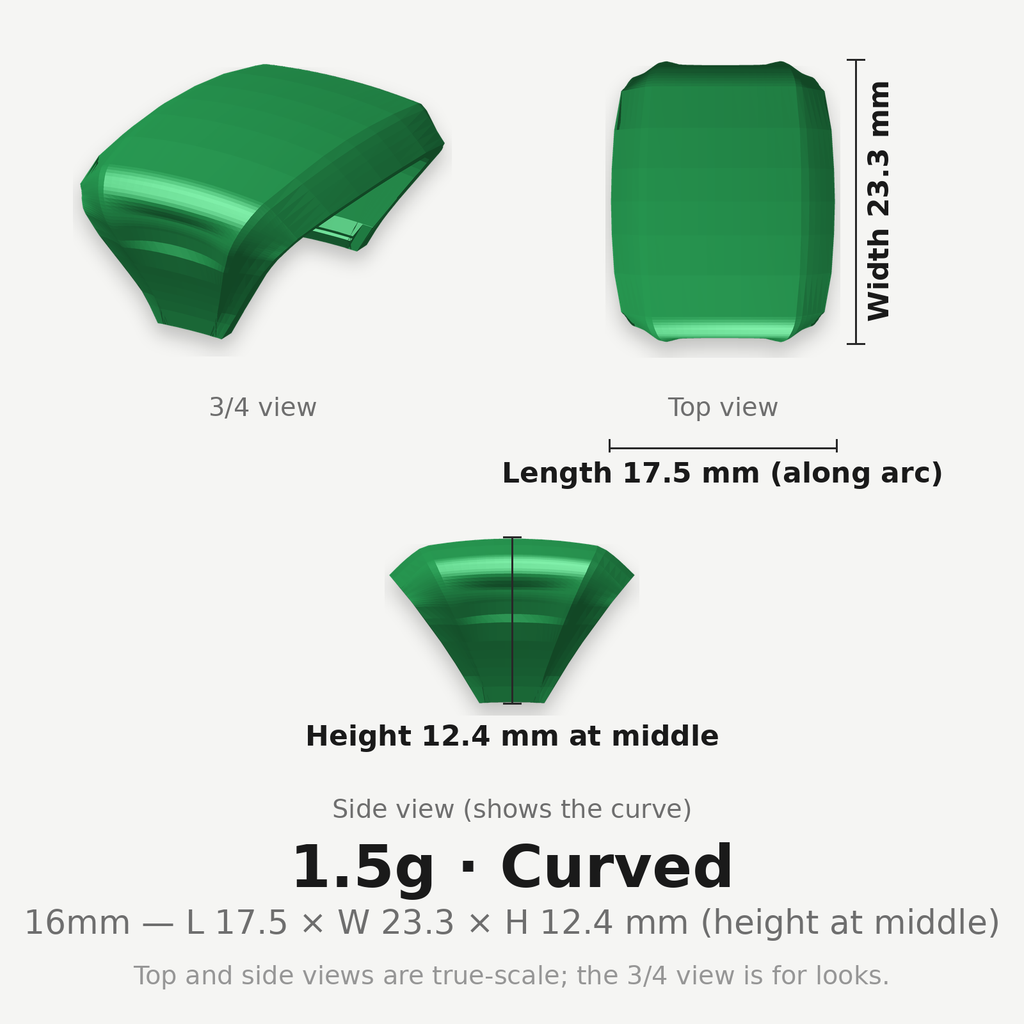 16mm 1.5g Curved clip — dimensioned diagram