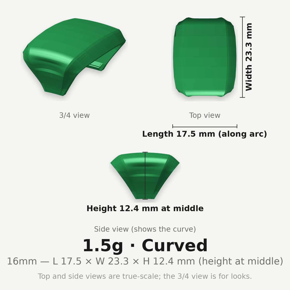 16mm 1.5g Curved clip — dimensioned diagram