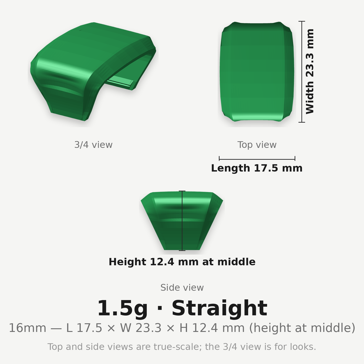 16mm 1.5g Straight clip — dimensioned diagram