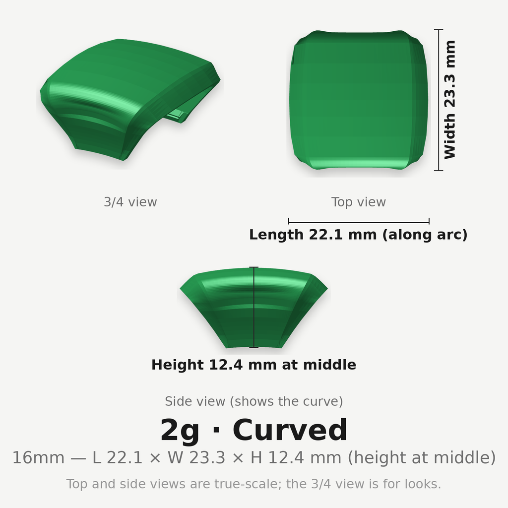 16mm 2g Curved clip — dimensioned diagram