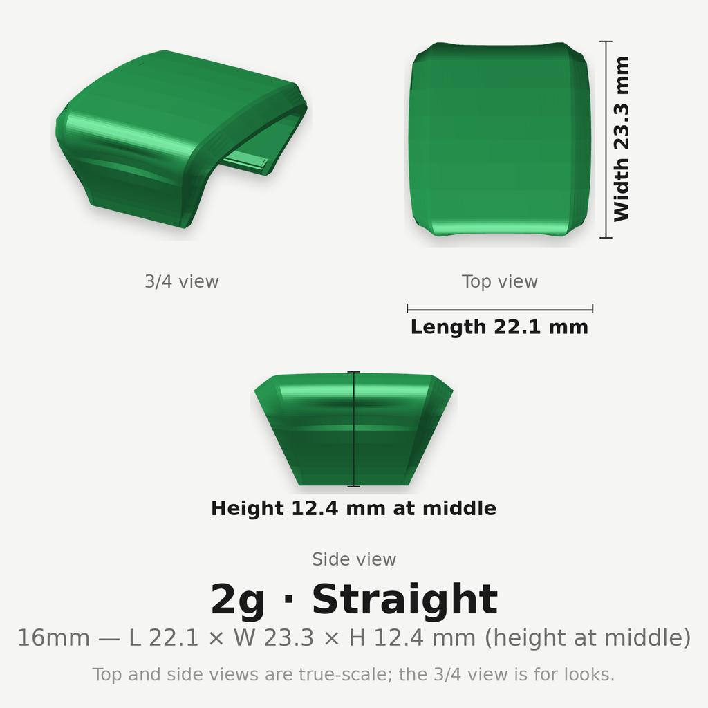 16mm 2g Straight clip — dimensioned diagram