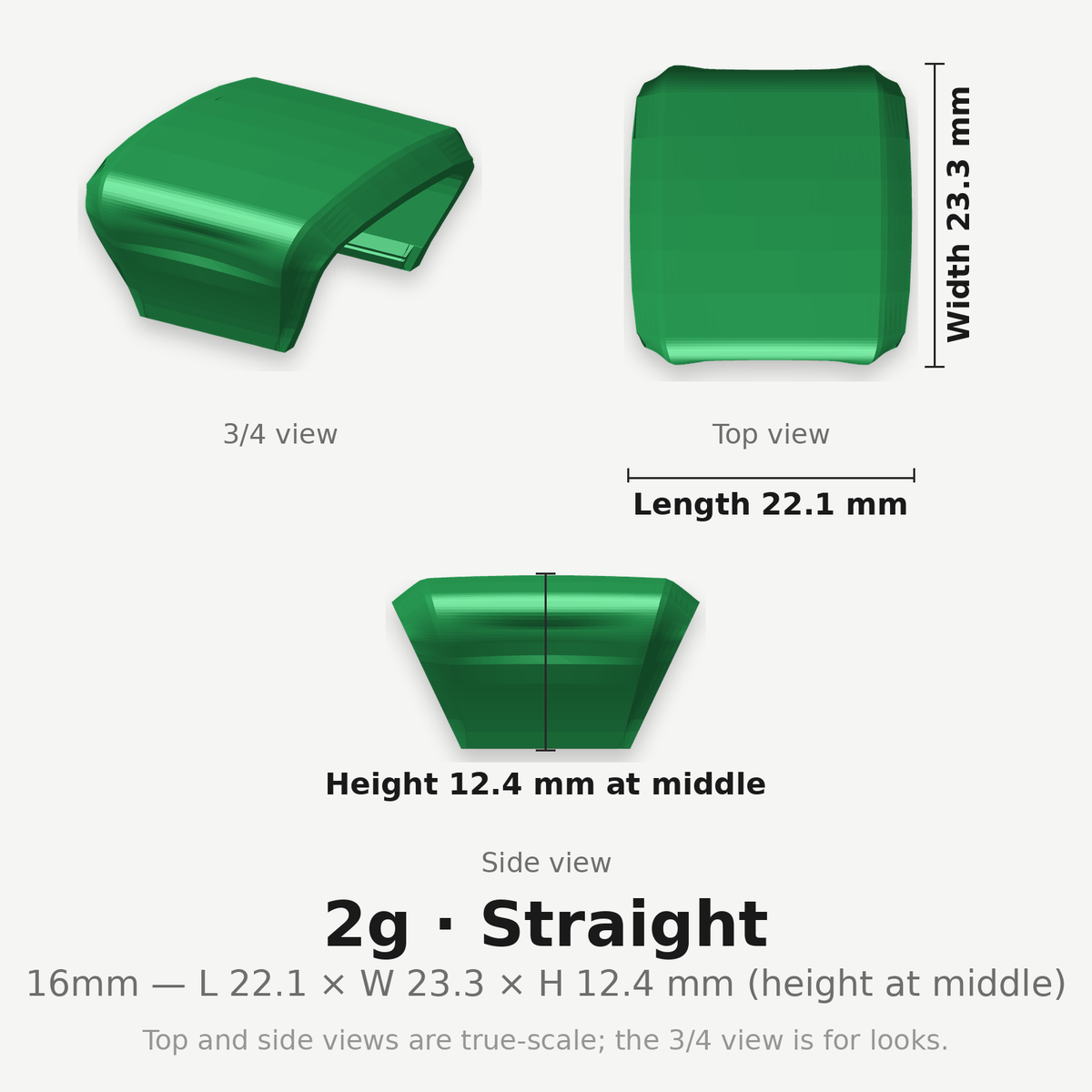 16mm 2g Straight clip — dimensioned diagram
