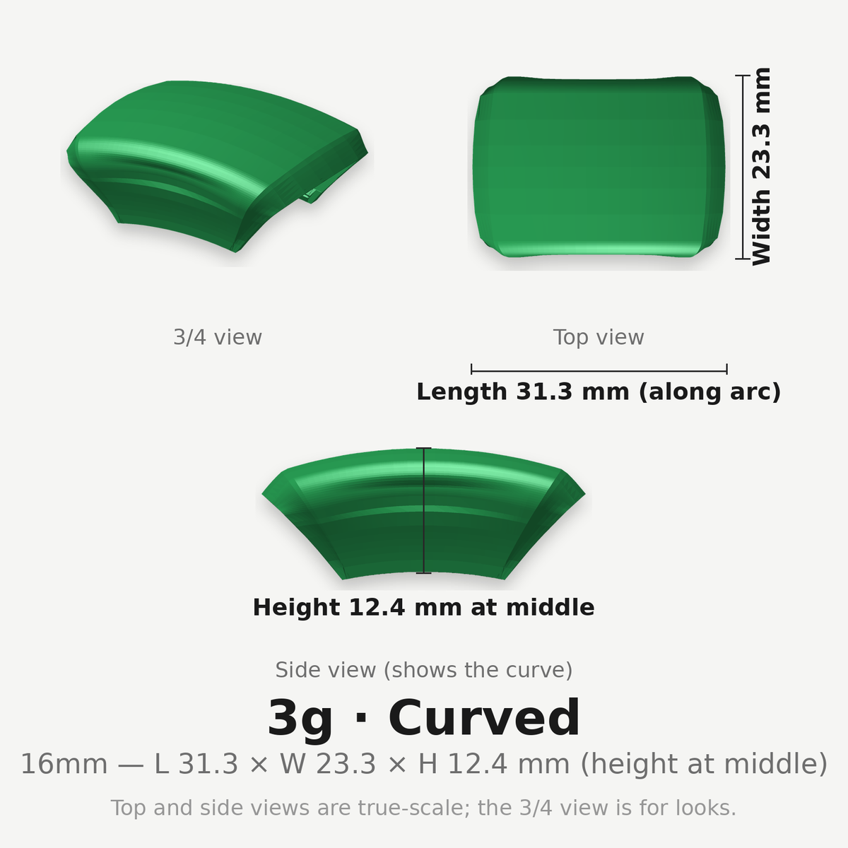16mm 3g Curved clip — dimensioned diagram