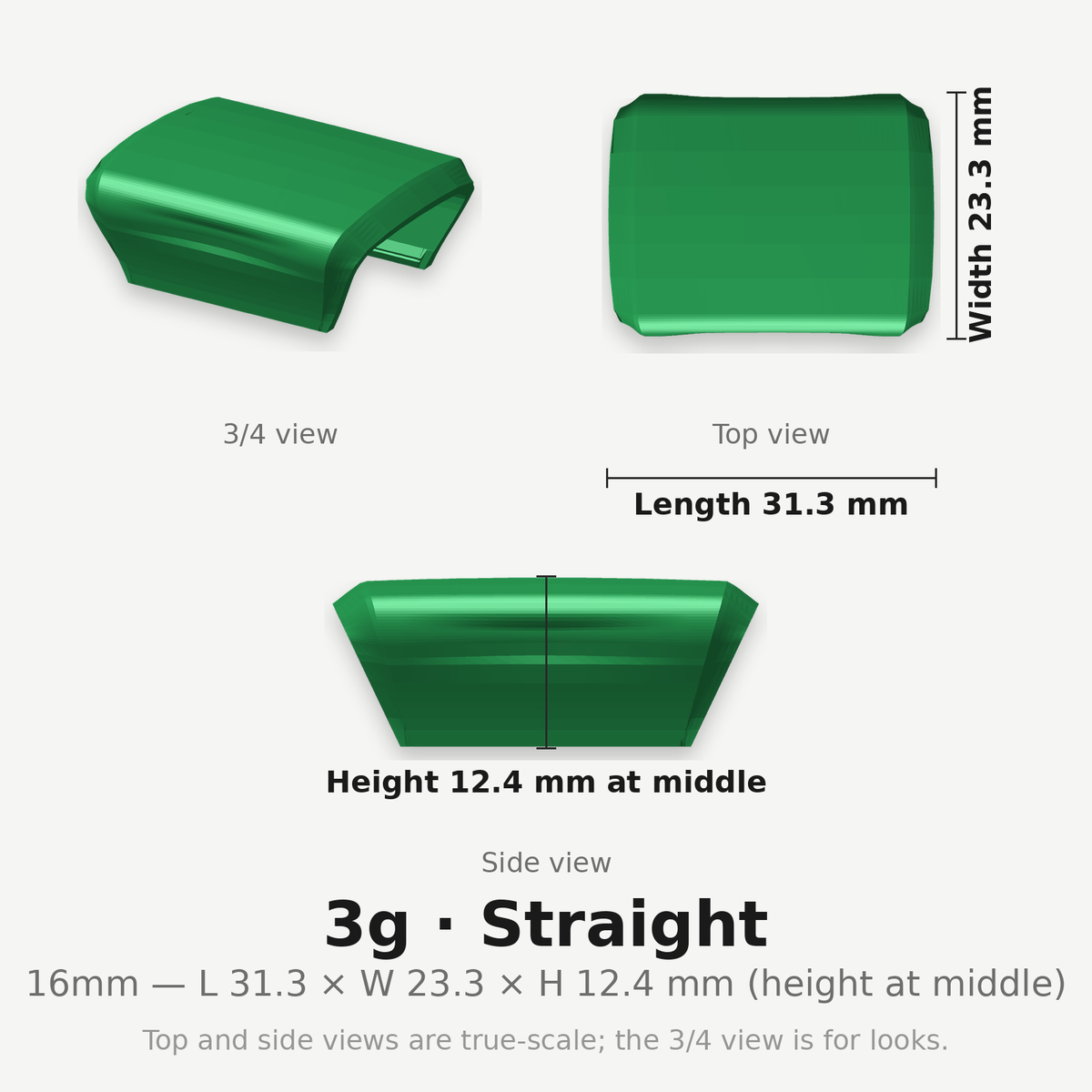 16mm 3g Straight clip — dimensioned diagram