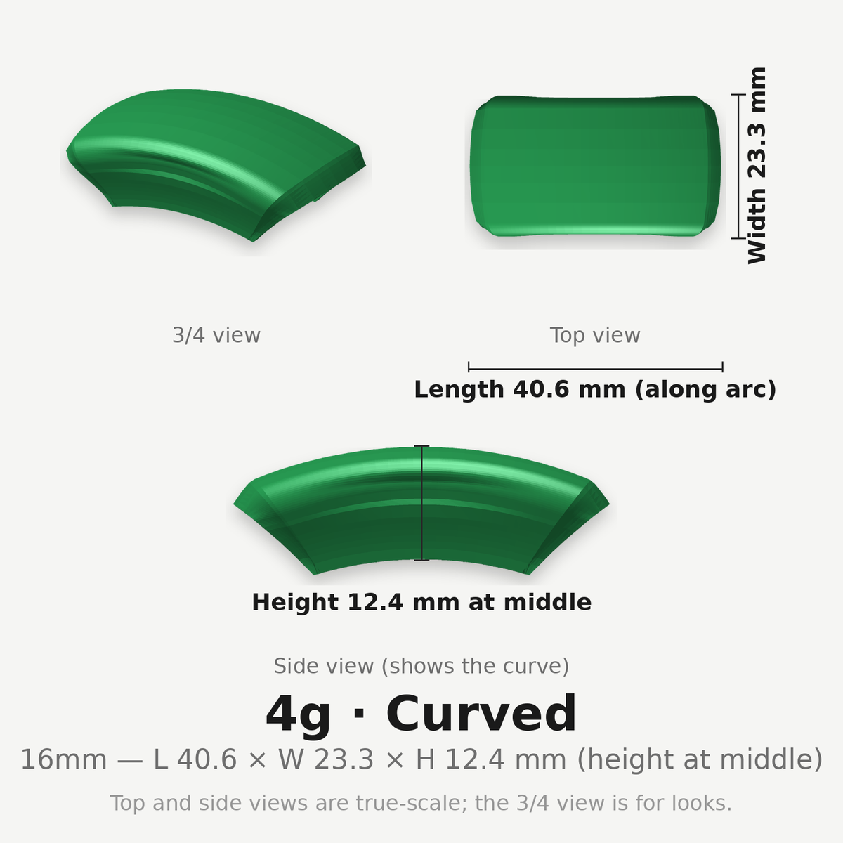 16mm 4g Curved clip — dimensioned diagram