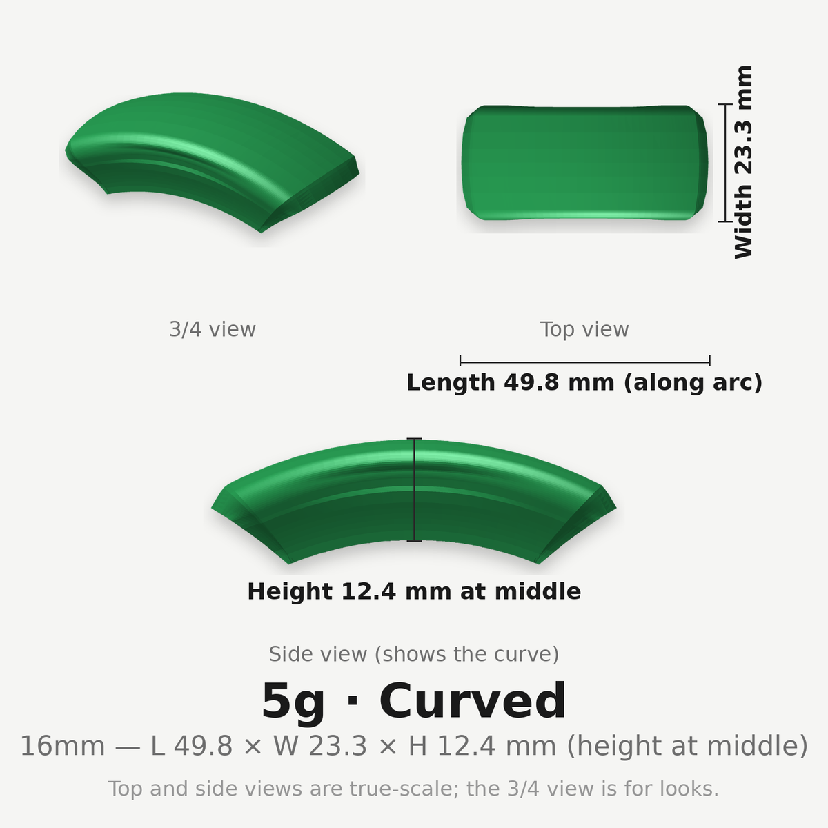 16mm 5g Curved clip — dimensioned diagram