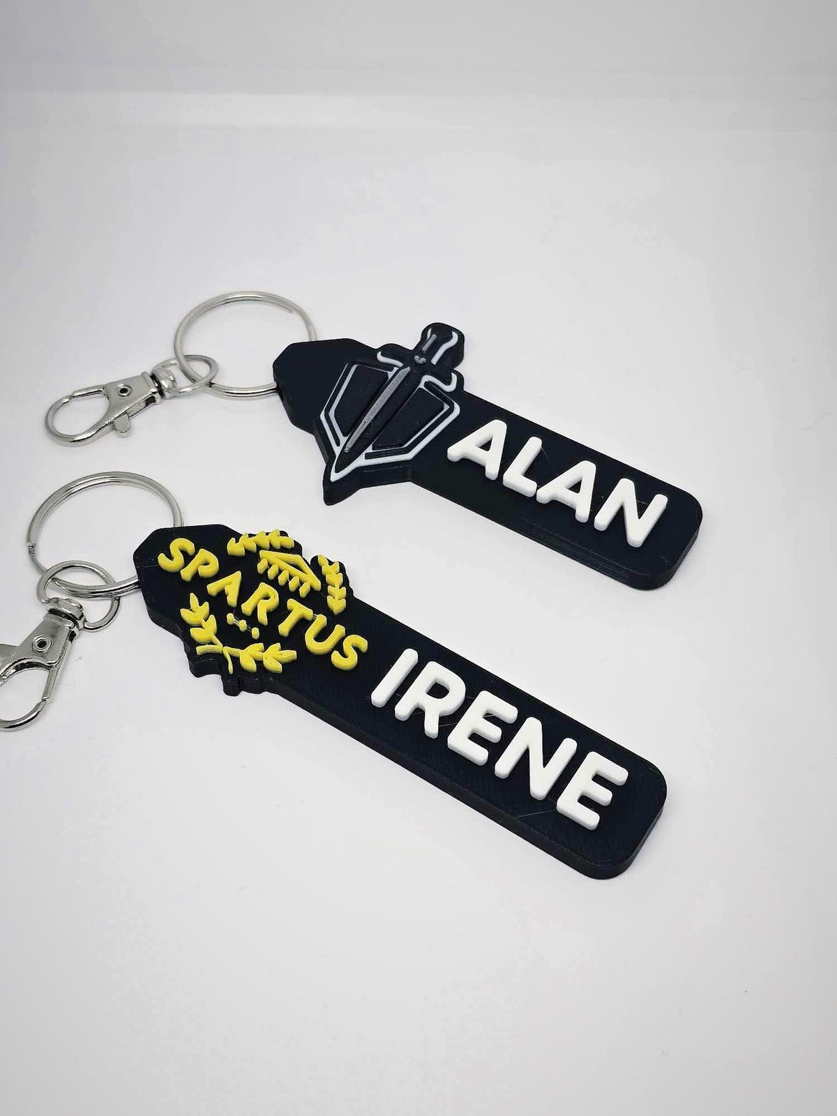 ALAN and SPARTUS/IRENE personalized keychain name tags