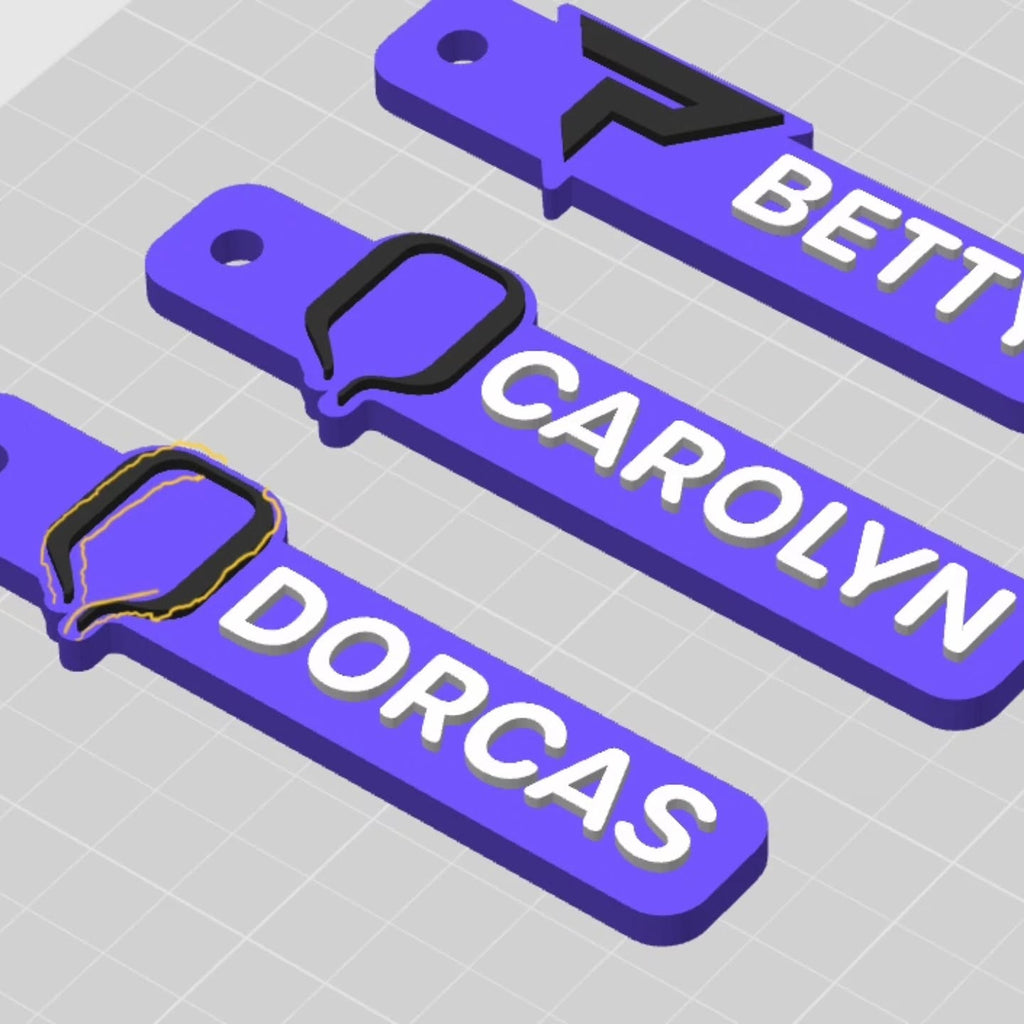 Blue 3D render name tags - BETTY, CAROLYN, DORCAS
