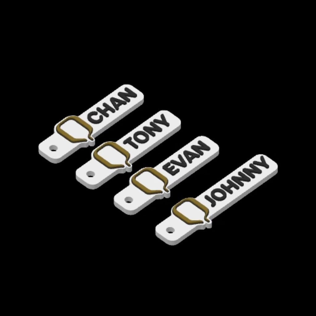 White 3D render name tags - CHAN, TONY, EVAN, JOHNNY