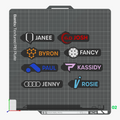 Sample personalized name tag keychains — eight tags with different names and icons