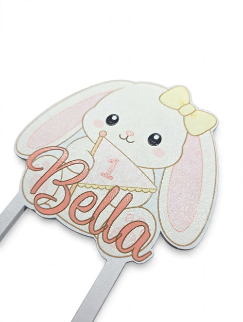Personalized 3D printed bunny cake topper with custom name and age, front view