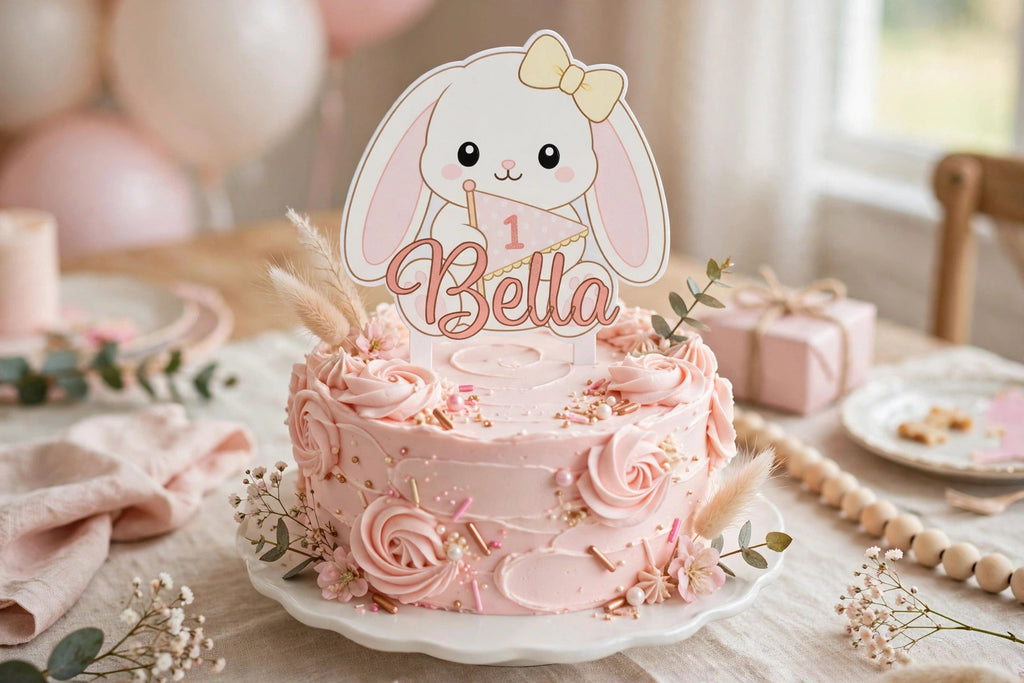 Bunny cake topper styled on a first birthday cake