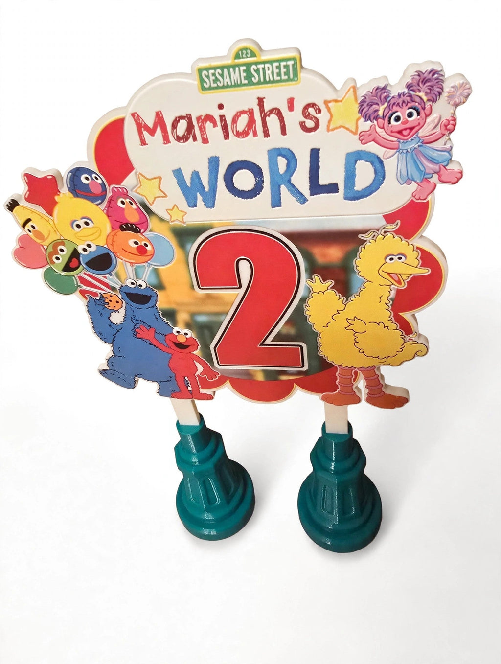 Sesame Street cake topper on 3D printed street lamp bases