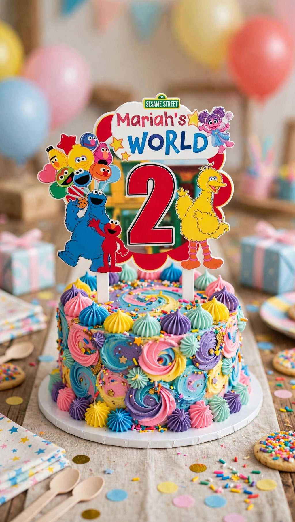 Sesame Street cake topper styled on a second birthday cake